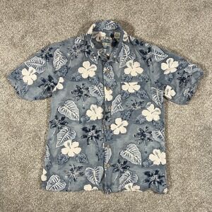 Batik Bay Blue and White Hawaiian‎ Floral Aloha Shirt Size Large S Silk